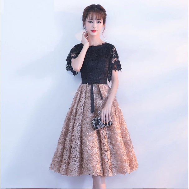 Lady beauty 2020 New Evening Dress Black With Khaki Color Lace short Prom Party Gowns Wedding