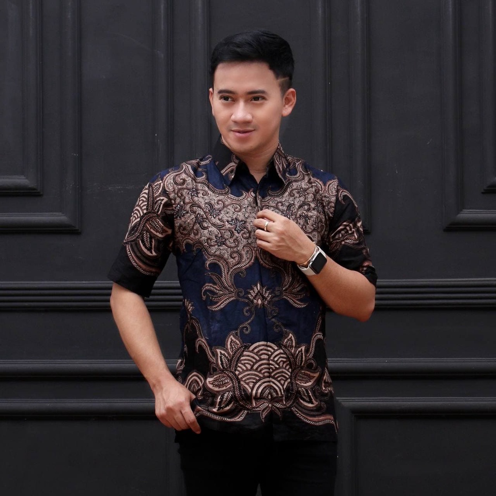 Batik Pria Lengan Pendek Premium BATIK AZMIL HRB026 motif KERATONAN Kode 002 size M L XL XXL-PENDEK-MIUTIARA NAVY