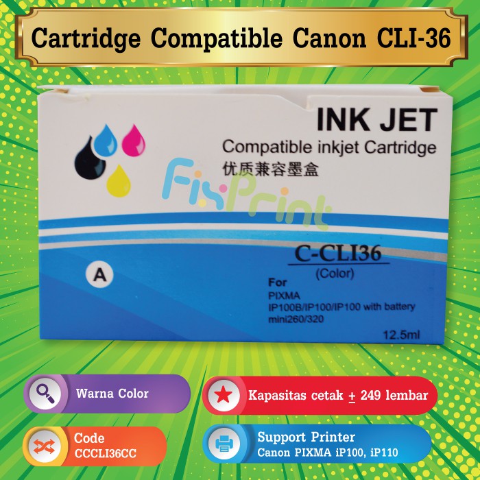 Cartridge Tinta Compatible Canon CLI-36 CLI36 CLI 36 C-CLI36 CL36 CL 36 Tri-Color Plus Chip