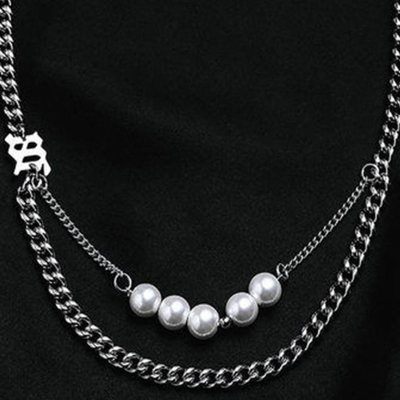 Pearl Double Necklace Accessories Pendants Hip Hop Trendy Titanium Steel