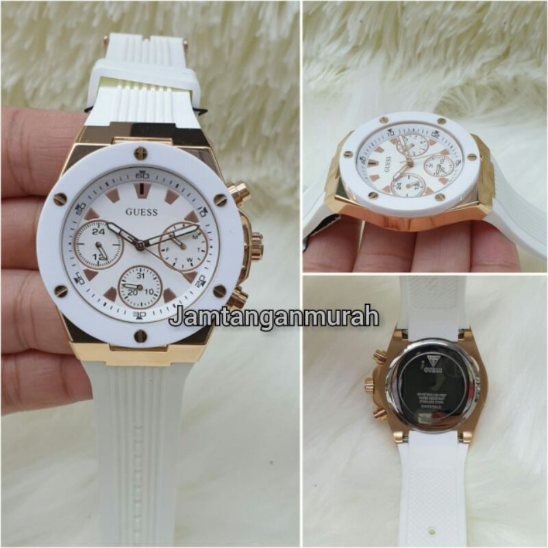 jam tangan guess batre wanita crono tali rubber kualitas original