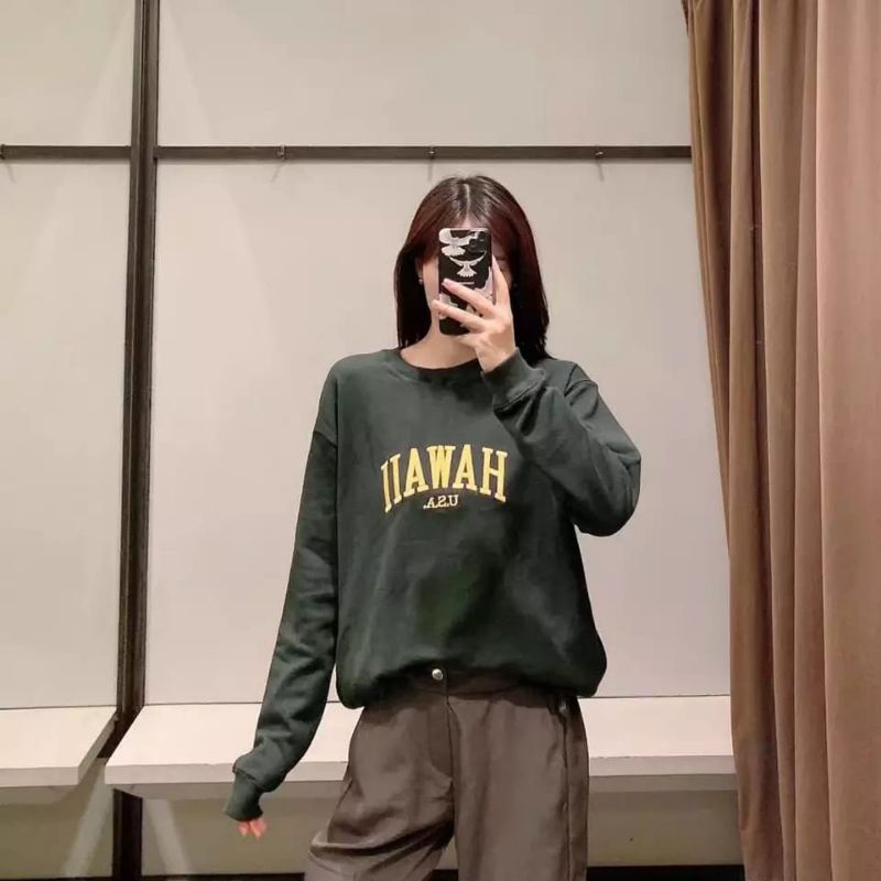 sweater Hawaii hijau daun green swag Harajuku// crewneck sweetshirt wanita pria perempuan laki cewe cowo unisex bahan fleece// sweater distro viral// Women Man Sweatshirts Loose Oversize Pullover