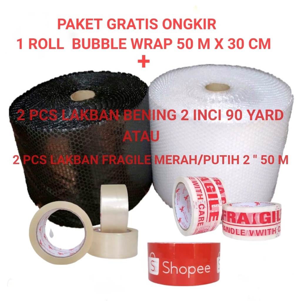 

1 roll bubble wrap 50mx30cm + 2 lakban 2 incix 90 yard atau 2 lakban fragile merah/putih (paket gratis ongkir)