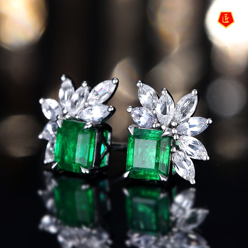 Anting Tusuk Bentuk Kotak Hias Batu Emerald Mewah Untuk Wanita