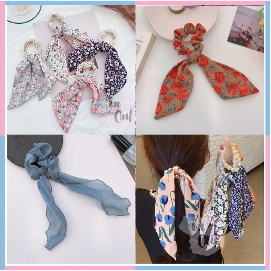 Ikat Rambut Mutiara Aksen Kain Scarf RIbbon Motif Wanita Korea Hair Fashion Aksesoris rambut / Ikat rambut Pita anak dan Dewasa ACC01