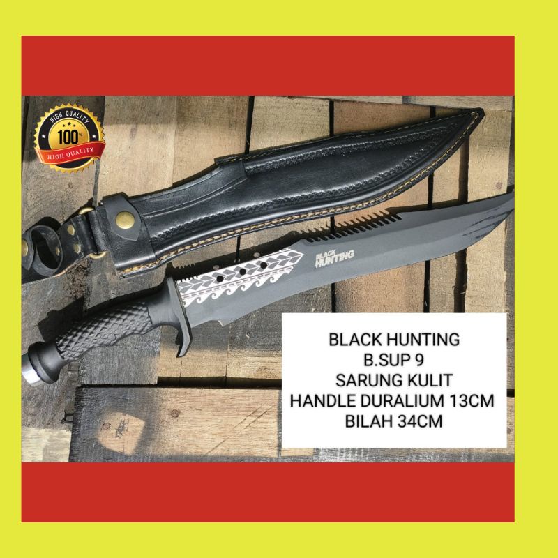 PISAU SEMBELIH BLACK HUNTING BILAH SUP 9 SARUNG KULIT SUPER TAJAM SIAP PAKAI