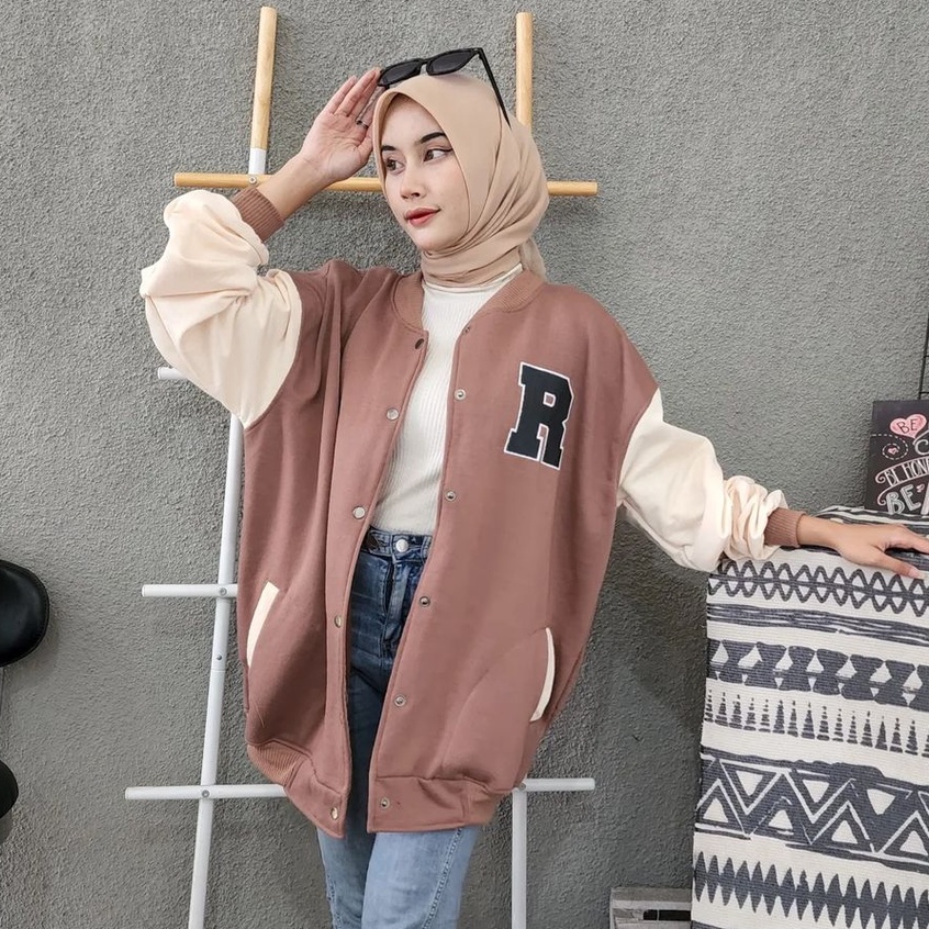 Oversize Wanita R Mocha Baseball Bahan Pleece Ala Korean Style