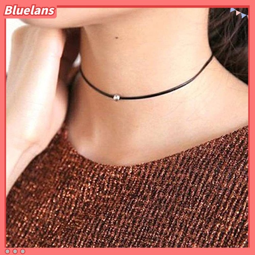 Kalung Choker Bahan Kulit Imitasi Aksen Manik-Manik Bulat Untuk Wanita