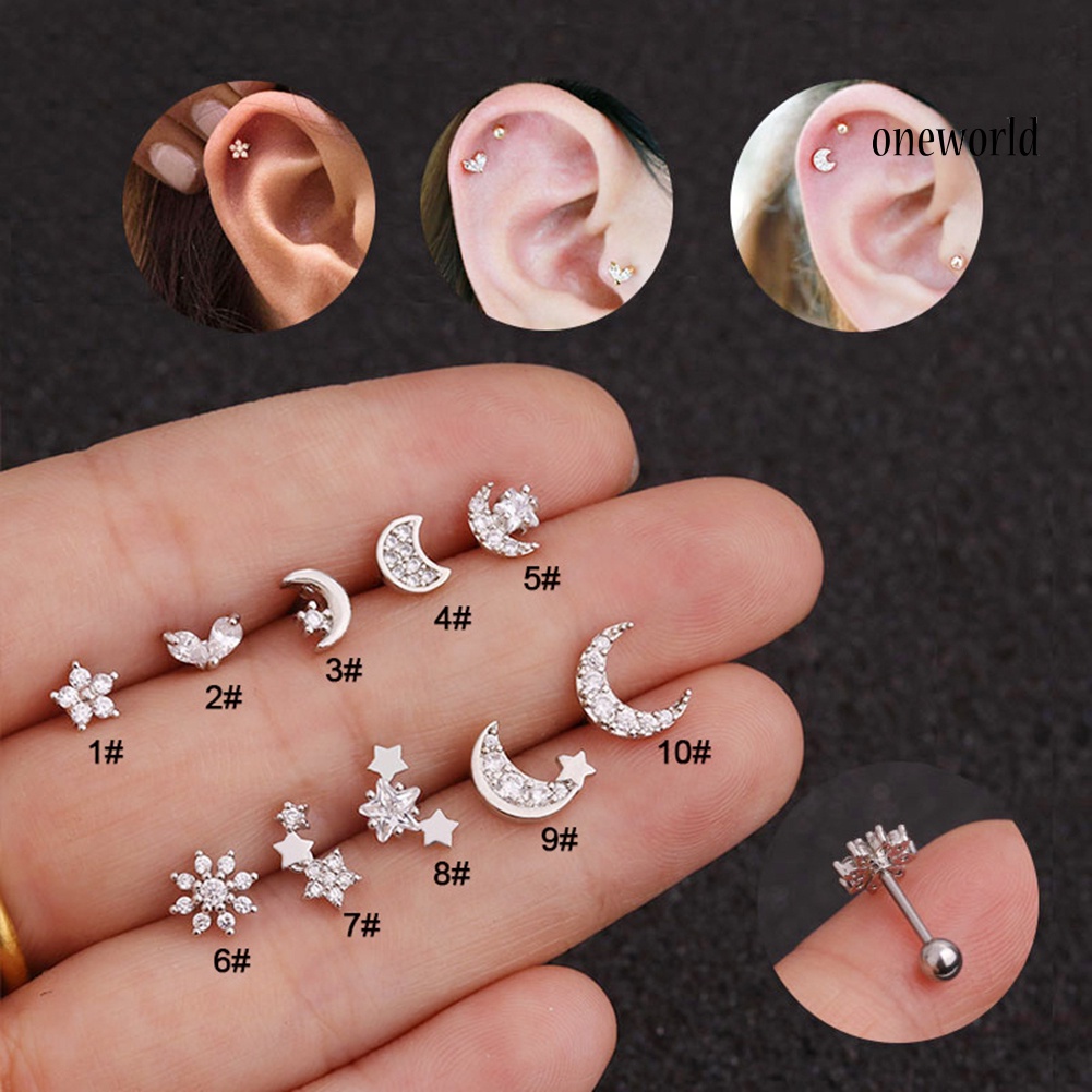 OW@ 1Pc Women Cubic Zirconia Inlaid Flower Star Moon Cartilage Stud Earring Jewelry