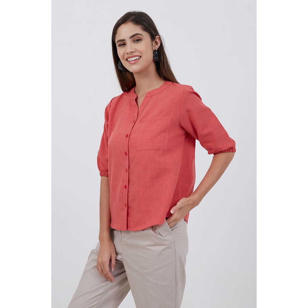 Sorabel - Hyorena Plain V-neck Women Blouse / Kemeja Wanita Polos Collar Neck Lengan 3/4-5