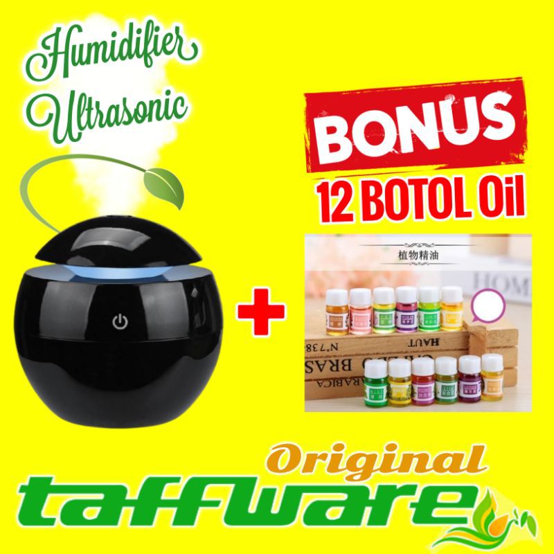 Air Humidifier Diffuser Aromatherapy Aromaterapi Disfuser Taffware Pelembab Pewangi Ruangan 130ml-Hitam + 12 Oil
