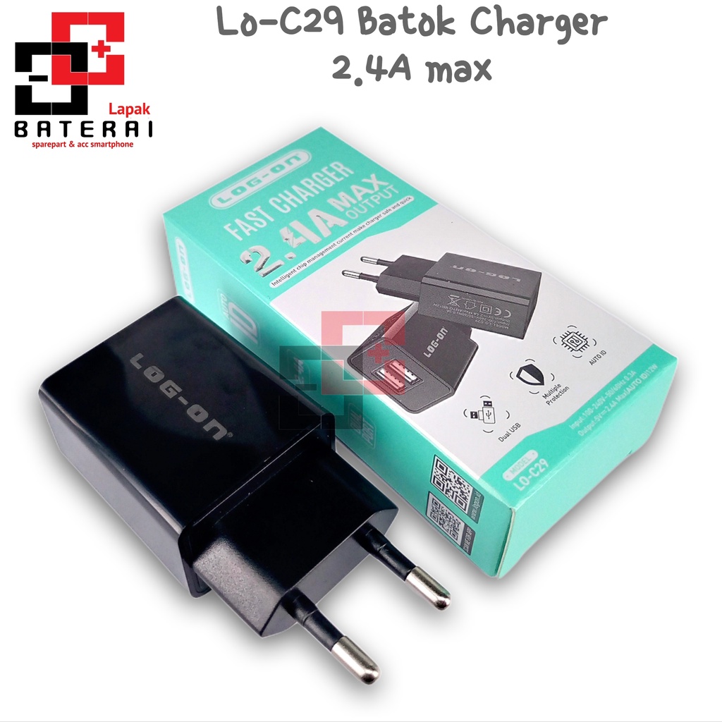 LOG - ON C29 Batok Adaptor Fast Charger 2 OutPut 2.4a Max 12W Auto ID | Batok Charger Multi Protection Best Seller