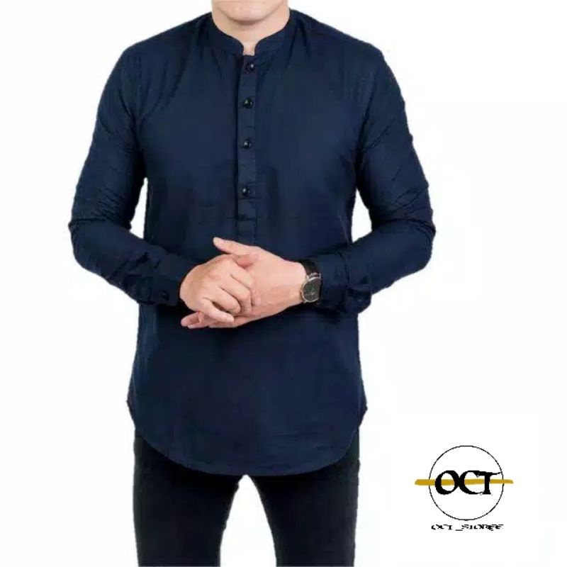 Baju Koko Kurta Polos Pria Dewasa Lengan Panjang Material Katun TOYOBO RM Size M L XL Varian Maroon-Navy