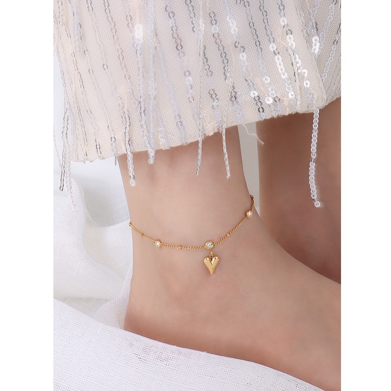 Korean 18K Gold Titanium Steel Anklet Female Crystal Heart Pendant Colorless Anklet