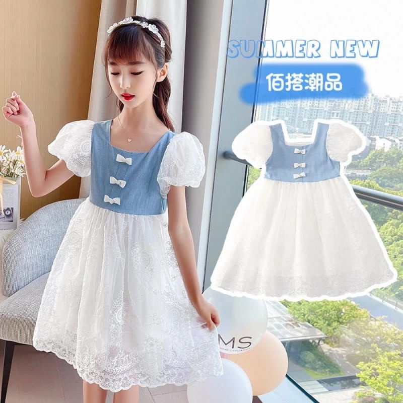 Dress Pesta Anak Perempuan Import Premium three ribon denim  2-9 Tahun