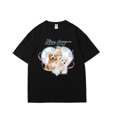 EUNII T-shirt Lengan Pendek Imut Papan Main Dam Kartun Anjing Pencetakan Longgar Korean Style/Kaos Atasan Wanita/Baju Kaus Oversize Wanita