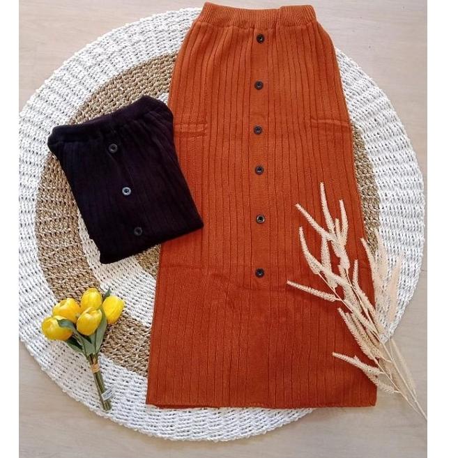 {WCI.21Jl22r} ROK RAJUT KANCING / ROK SPAN KANCING RAJUT / ROK PANJANG WANITA / MAXI SKIRT / ROK WAN