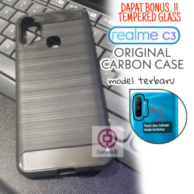 soft case CARBON original REALME C3 2020 - casing semi hard case hitam  [FREE TEMPERED GLASS]