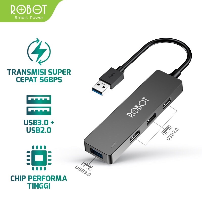 ROBOT USB Hub H160 4 Ports USB 2.0 &amp; USB 3.0 High Speed 5GBPS Original - Garansi Resmi 1 Tahun