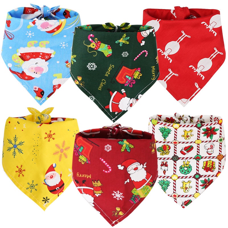 Christmas Pets Saliva Towel Cartoon Santa Claus Print Dog Bib Cat Christmas Dress Up Cotton Triangle Scarf Animals Happy New Year Gifts