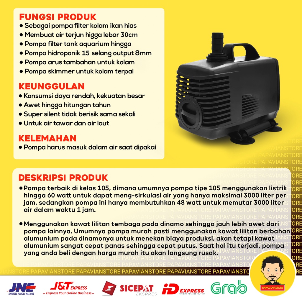 MESIN POMPA CELUP LOW WATT SUBMERSIBLE PUMP HIDROPONIK AQUARIUM KOLAM IKAN HIRO PRO HP 105 3000 LPH