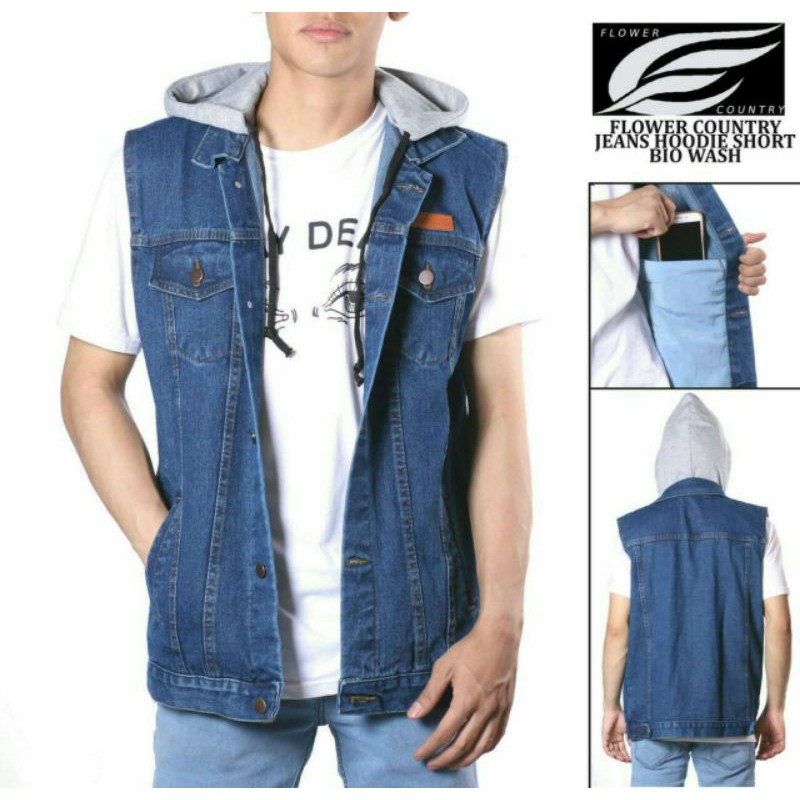 Jaket Jeans Rompi Hoodie Tangan Pendek - Jeans Hoodie Short