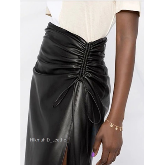 Rok Midi Wanita Kulit Semi Chic Serut Kiri Pinggang Tinggi Elegant Midi Skirt High Waist Rok Wanita Streetwear A-Line Bodycon Model Terbaru Panjang