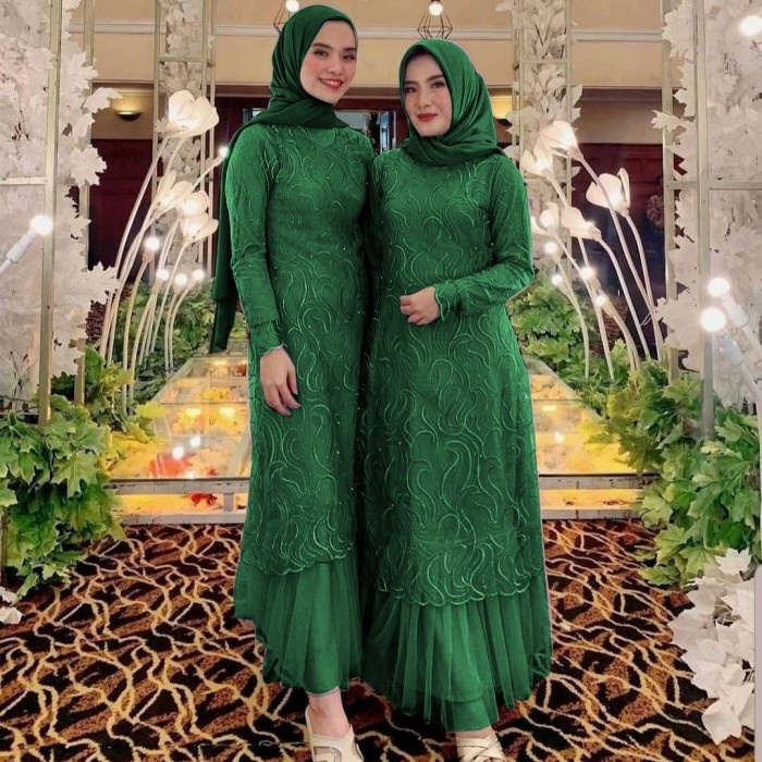 Gamis Adelia Bahan Tile Mutiara - Hijau Botol, L