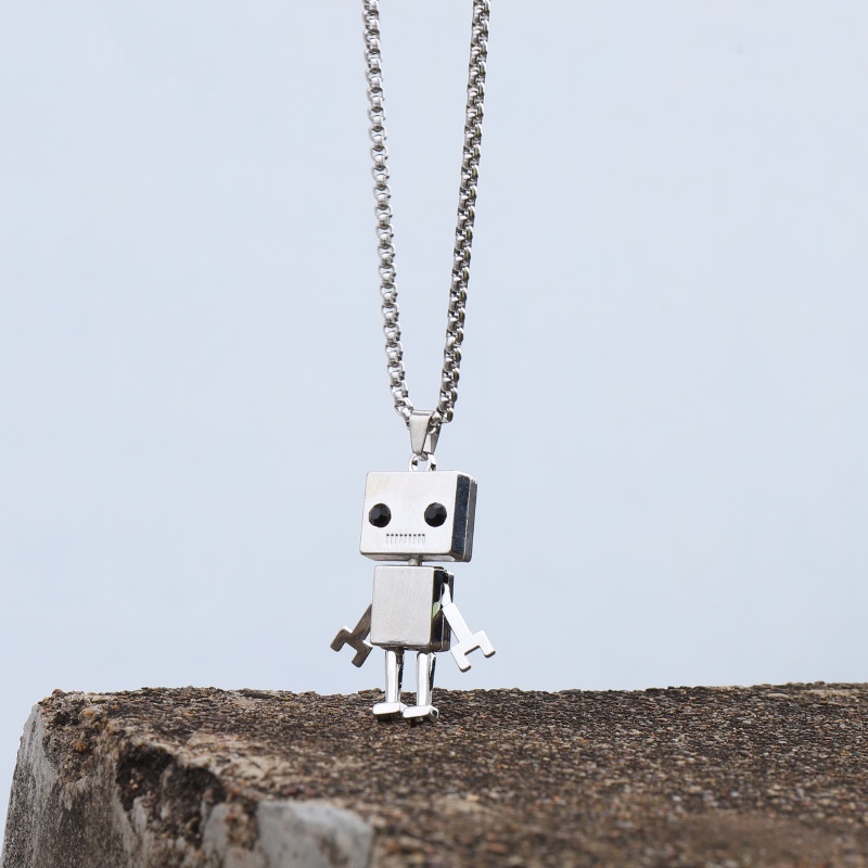 Kalung Rantai Liontin Robot Kubus Bahan Stainless Steel Gaya Hip-hop Untuk Pria Dan Wanita