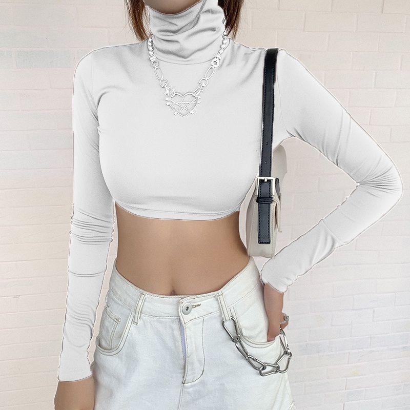 #Sisjuly# Gaya Ulzzang Sehari-hari High-neck Cropped T-shirt Wanita Slim Lengan Panjang Kemeja Botto