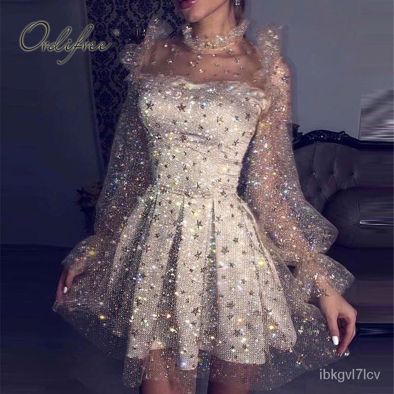 Ordifree 2021 Summer Women Sexy Mini Party Dress Long Sleeve See Through Mesh Sequin Short Dress