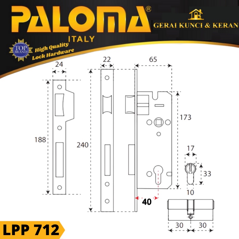 HANDLE PINTU KUNCI SETPALOMA LPP 712 Handle Mortise Cylinder Lock Gagang Pintu RUMAH