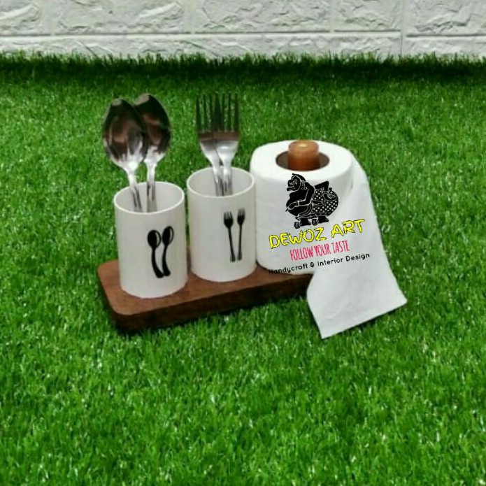 Tempat Sendok Garpu Unik - Wadah Sendok Garpu Tisu Kayu - Tempat Tisu Kayu