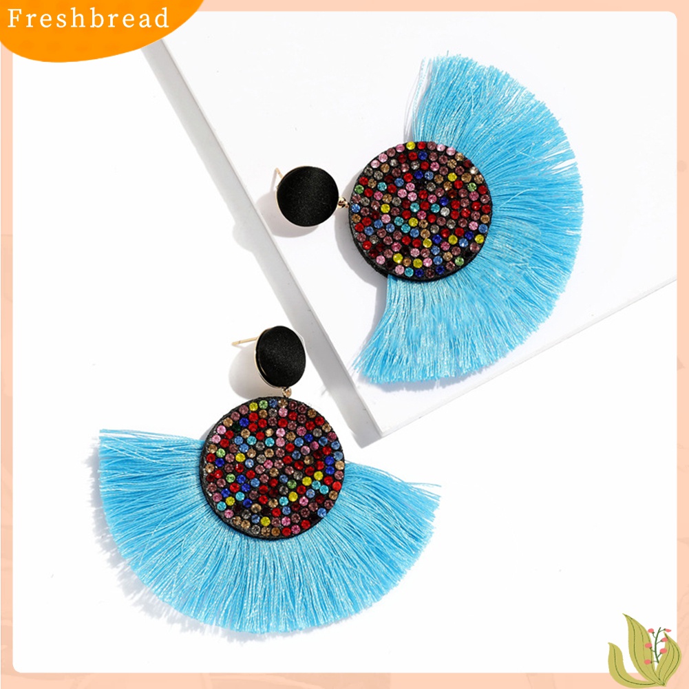 Terlaris Bohemia Women Fan Shape Tassel Rhinestone Inlaid Ear Stud Earrings Jewelry Gift