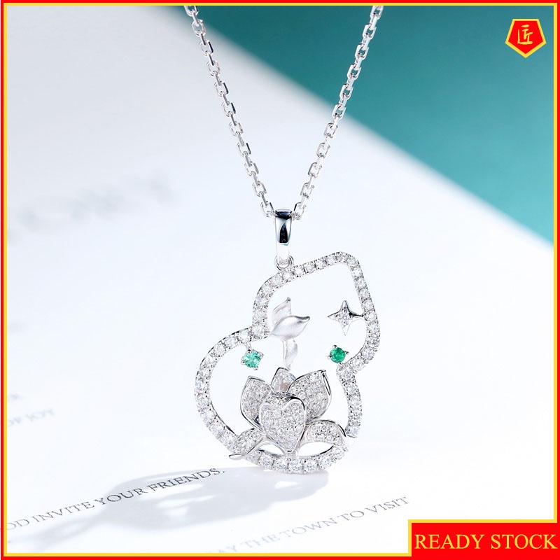 [Ready Stock]Retro Artistic Gourd Necklace with Lotus Emerald Zircon Pendant