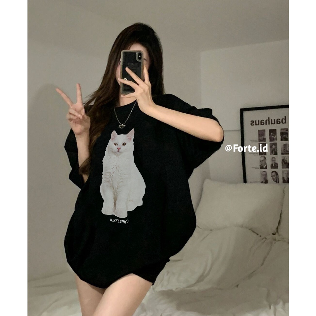 [100%  Katun]Cat Kaos Putih Atasan Wanita Lengan Pendek Oversize Printed T-shirt Baju Wanita Kekinian Korean Style