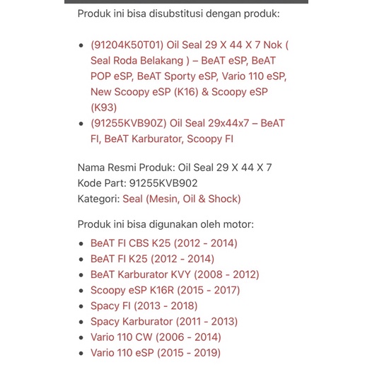 Oil Seal 29 X 44 X 7 Seal As Roda Belakang 91204K50T01 BeAT FI Spacy Spacy FI New Scoopy eSP K16 Vario 110 Karbu &amp; Vario 110 eSP Beat Karbu Scoopy Karbu 91255KVB902 91255KVB90Z