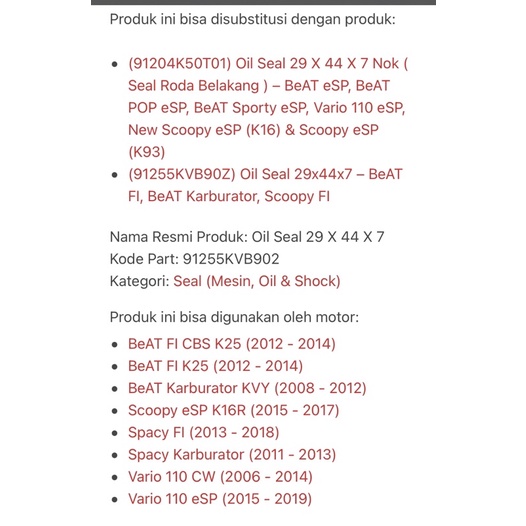 91255KVB90Z Oil Seal 29 X 44 X 7 Seal As Roda Belakang BeAT FI Spacy Spacy FI New Scoopy eSP K16 Vario 110 Karbu &amp; Vario 110 eSP Beat Karbu Scoopy Karbu 91255KVB902