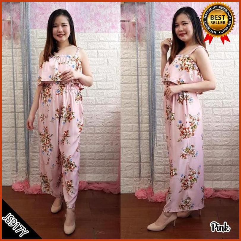 Js917Y Jumpsuit Celana Wanita Panjang Tanpa Lengan Motif Bunga 