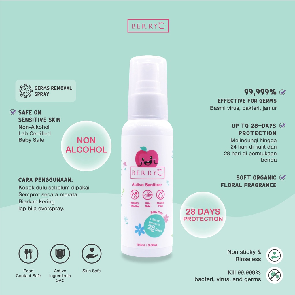 BerryC Active Sanitizer Spray 100ml Natural Food Grade Hand Antiseptik Non Alcohol Alkohol Aman untuk Bayi Anak Dewasa COVID19 HFMD Alat Makan Travel Size Refill Malaysia Halal Proteksi Protection Perlindungan Aktif Coronavirus Organik Harum Sensitif Skin