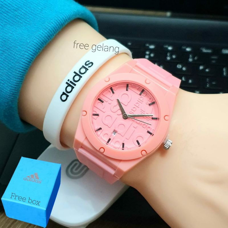 Jam Tangan Adidas Sporty Free Gelang Adidas Super Mewah - Jam Tangan Wanita Super Mewah - Pink Mudah