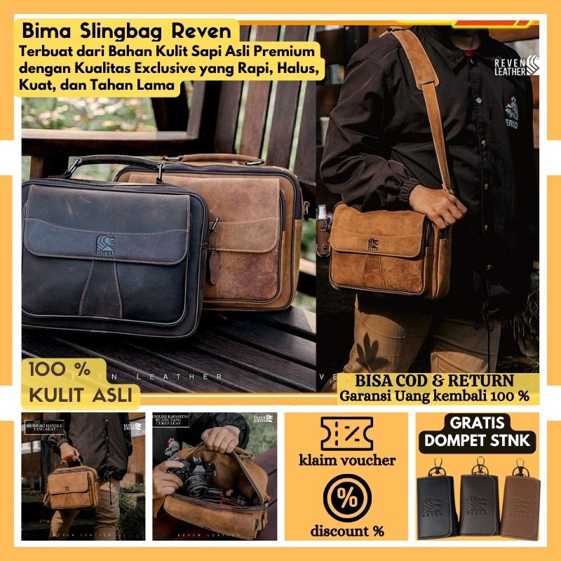 Tas selempang pria kulit sapi asli Slingbag Bima Reven Tahan Api Tahan Air Original by Bull Leather 