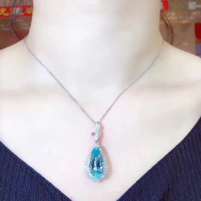 [Ready Stock]Fashion Drop-Shaped Diamond Aquamarine Pendant Necklace