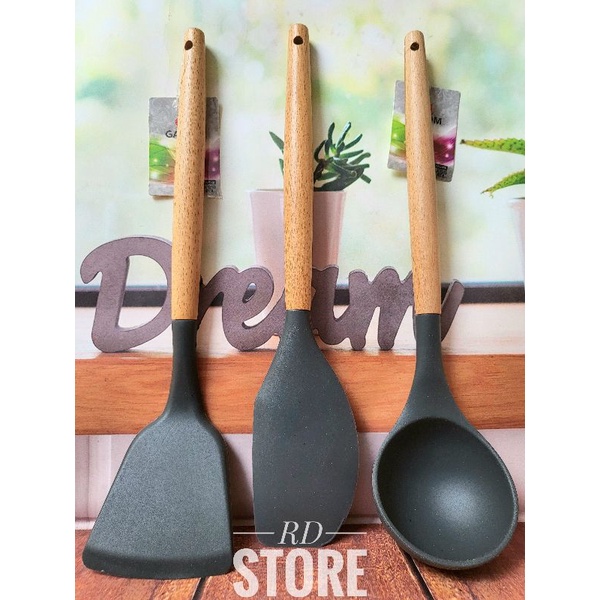 PROMO 2.PCS / SUNTIL  SPATULA / SILICON GAGANG KAYU GANOM...