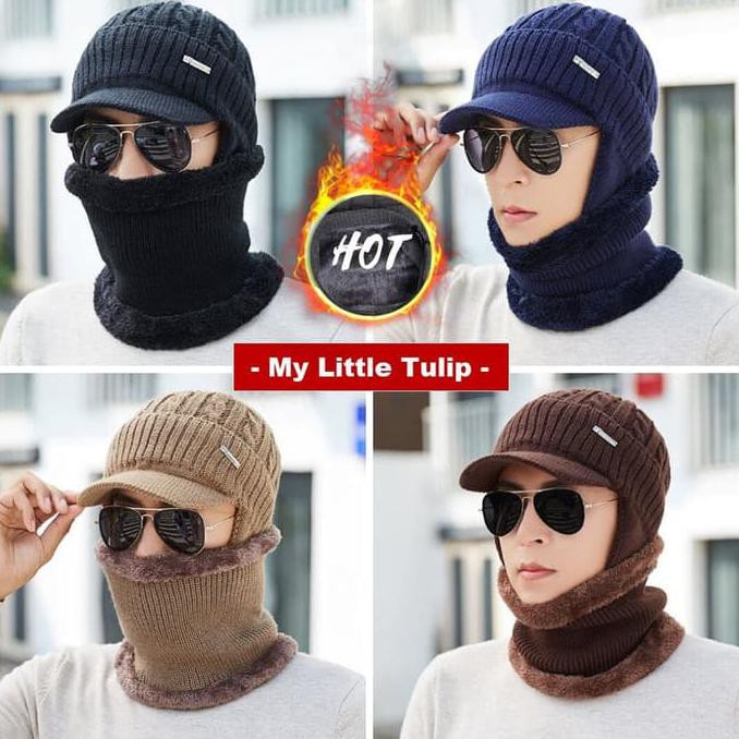 Terbaru Topi Kupluk Pria Rajut Beanie + Syal 1 Set Winter