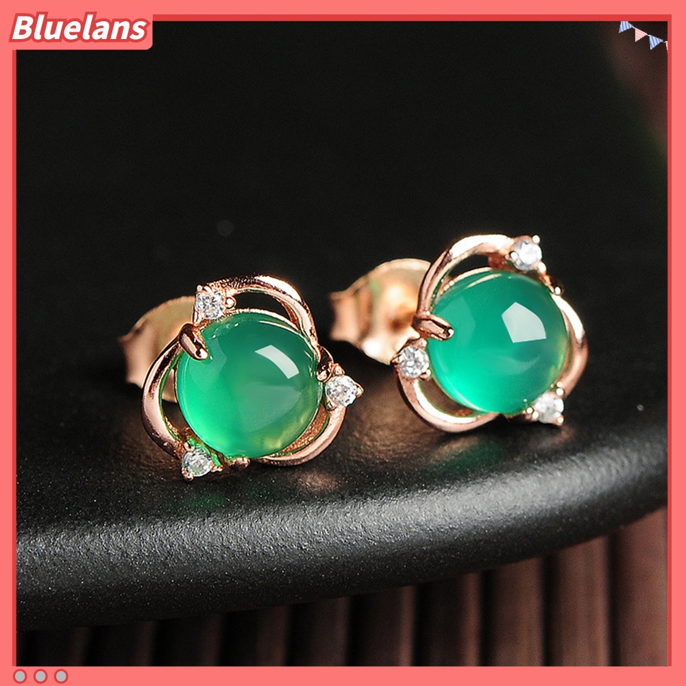 Anting Stud Desain Bunga Giok Tiruan Lapis Perak Untuk Wanita