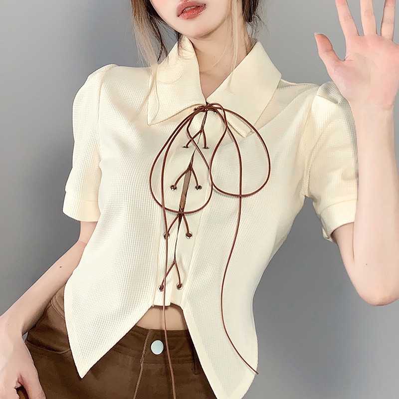 #Sisjuly# Pakaian Wanita Baru Wanita Warna Polos Ramping Pusar Modis Kerah Lengan Pendek Kaos Kardig