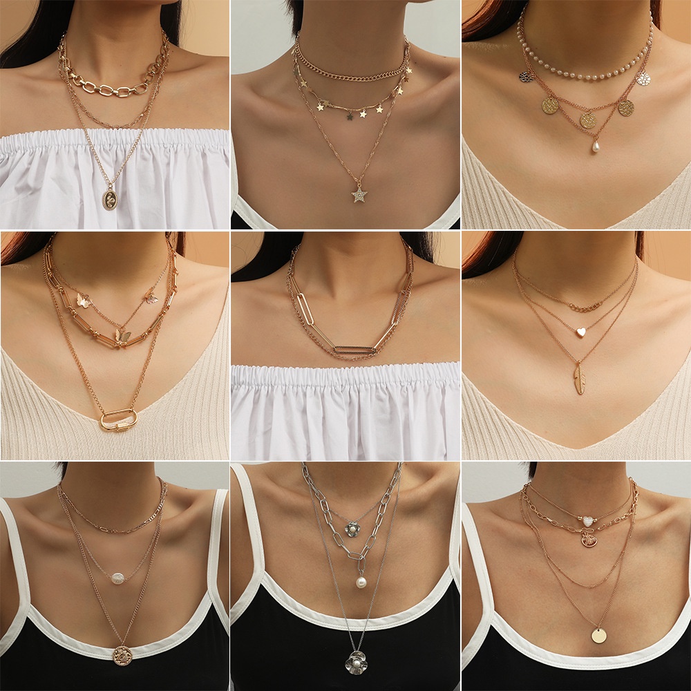 Kalung Choker Multilayer Liontin Gaya Retro Untuk Wanita - Kalung Choker Korean Fashion