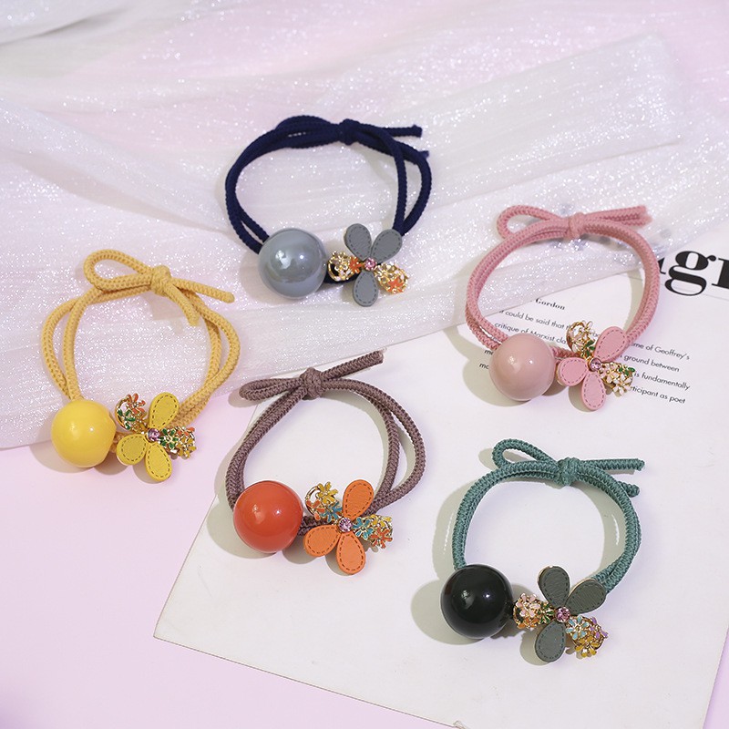 Ikat Rambut Wanita Karet Aksen Bunga Dengan Manik-Manik Lucu Varian Warna Gaya Korea Import