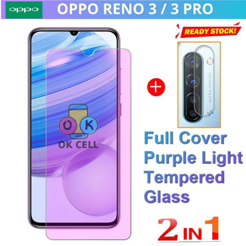 2in1- Tempered Glass Tg Anti Gores Blue Light Radiasi Oppo Reno 3-3 Pro Full Layar Kamera Premium